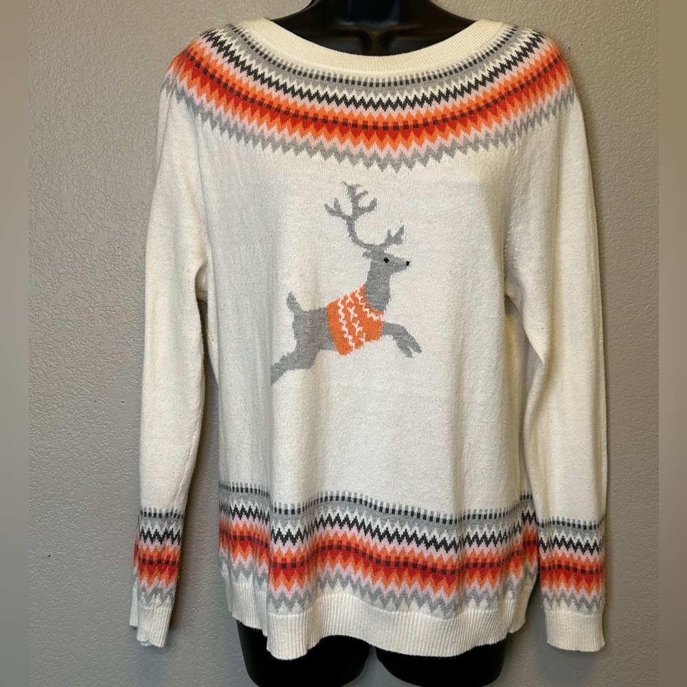 Talbots Petite Christmas Reindeer Chevron Stripe Ivory Holiday Sweater Sz LP